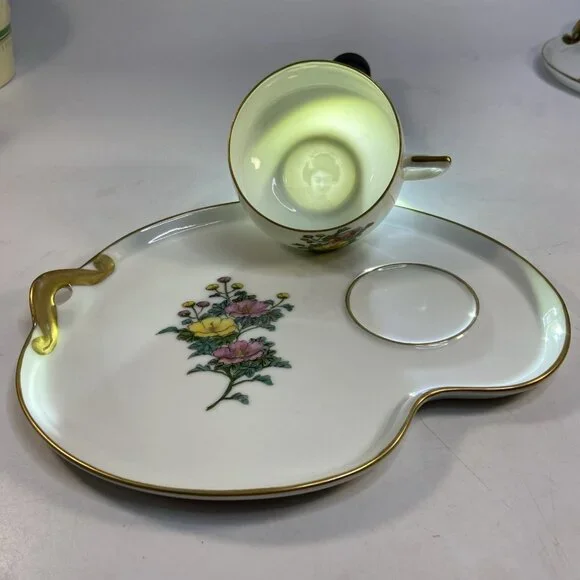 2 Kotobuki Snack Plate Shadow Geisha Tea Cup Eggshell Porcelain Floral Japan 50s
